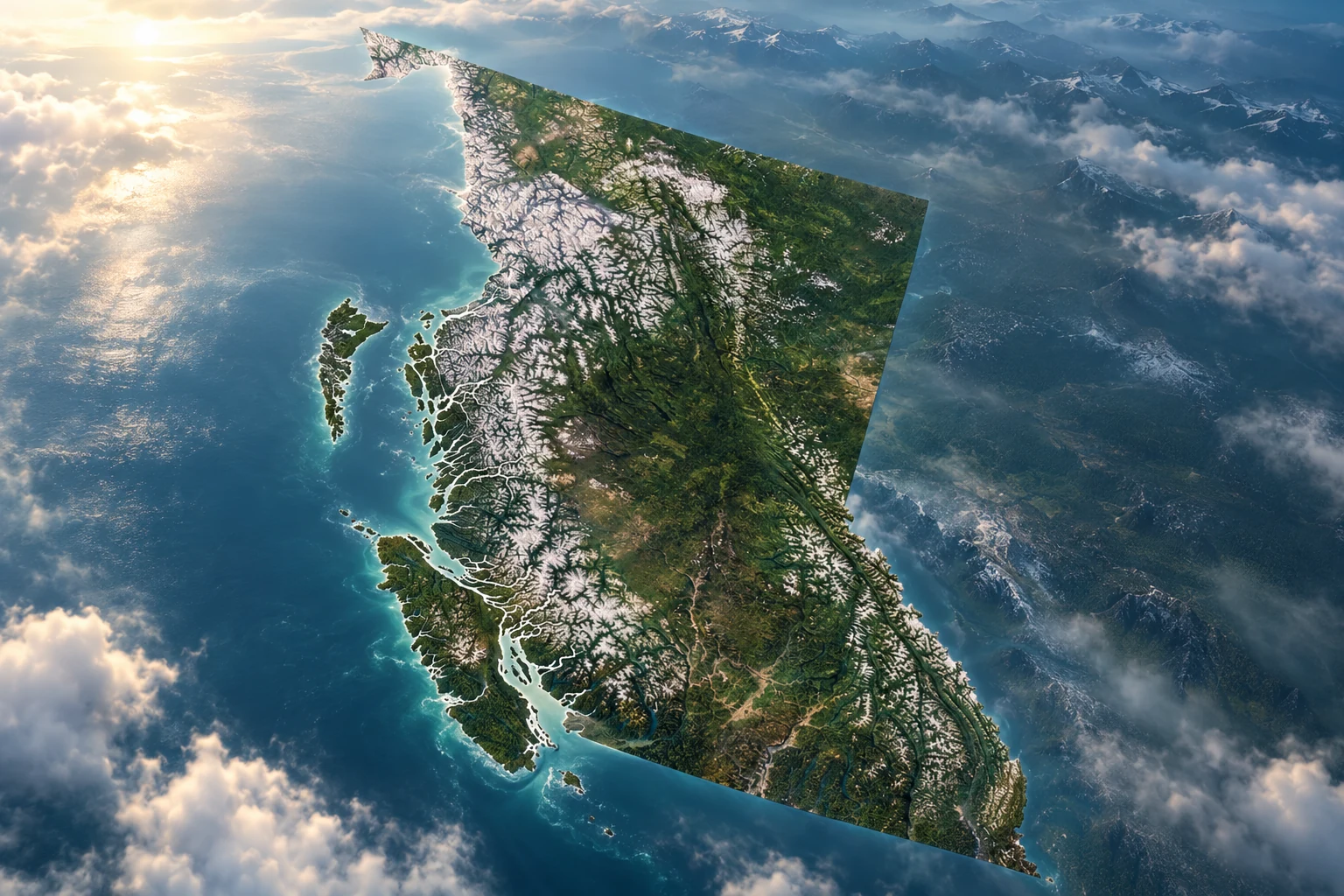 AI-generated British Columbia — terrain flyover concept.