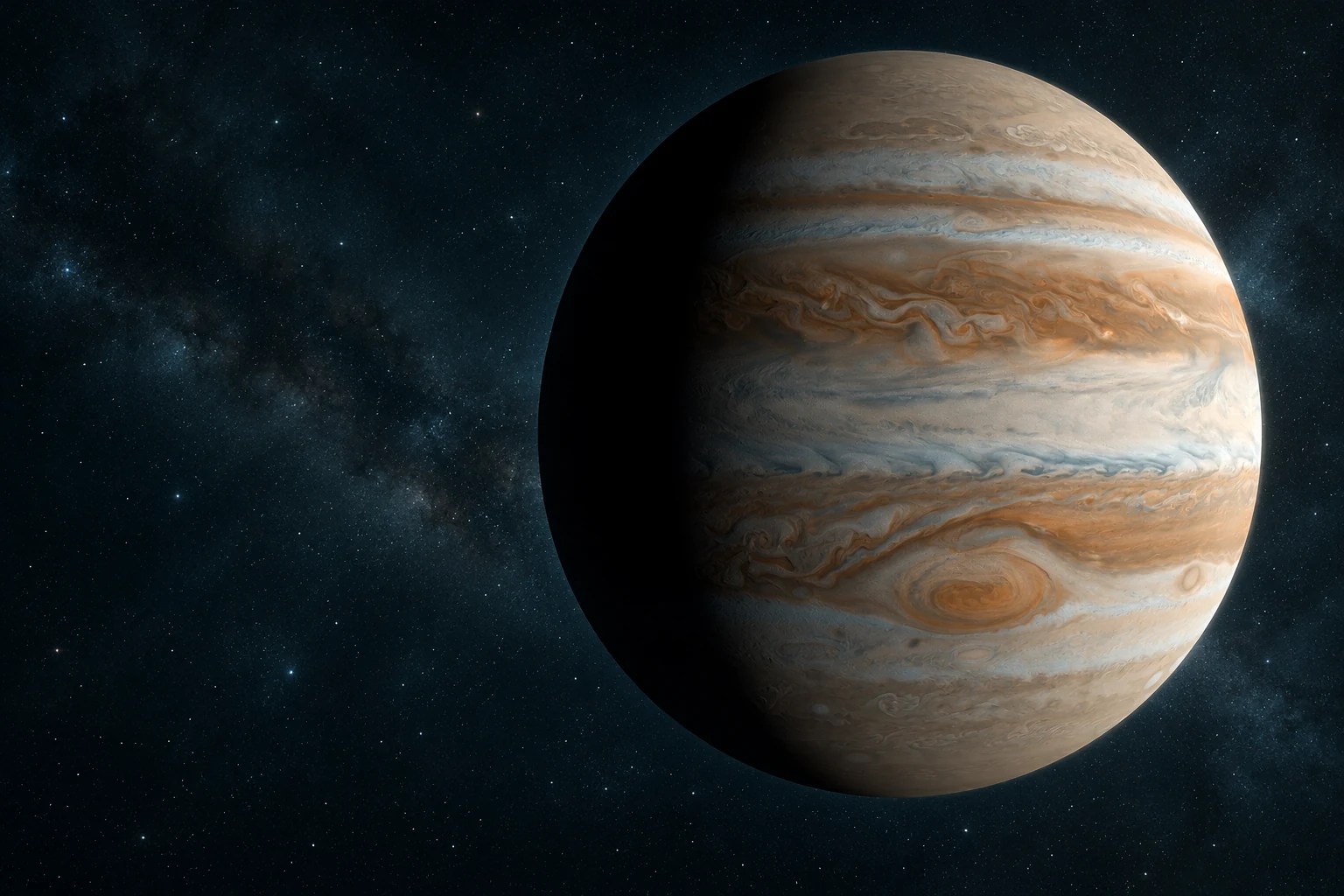 AI-generated Jupiter science article cover concept with cloud bands and the Great Red Spot.