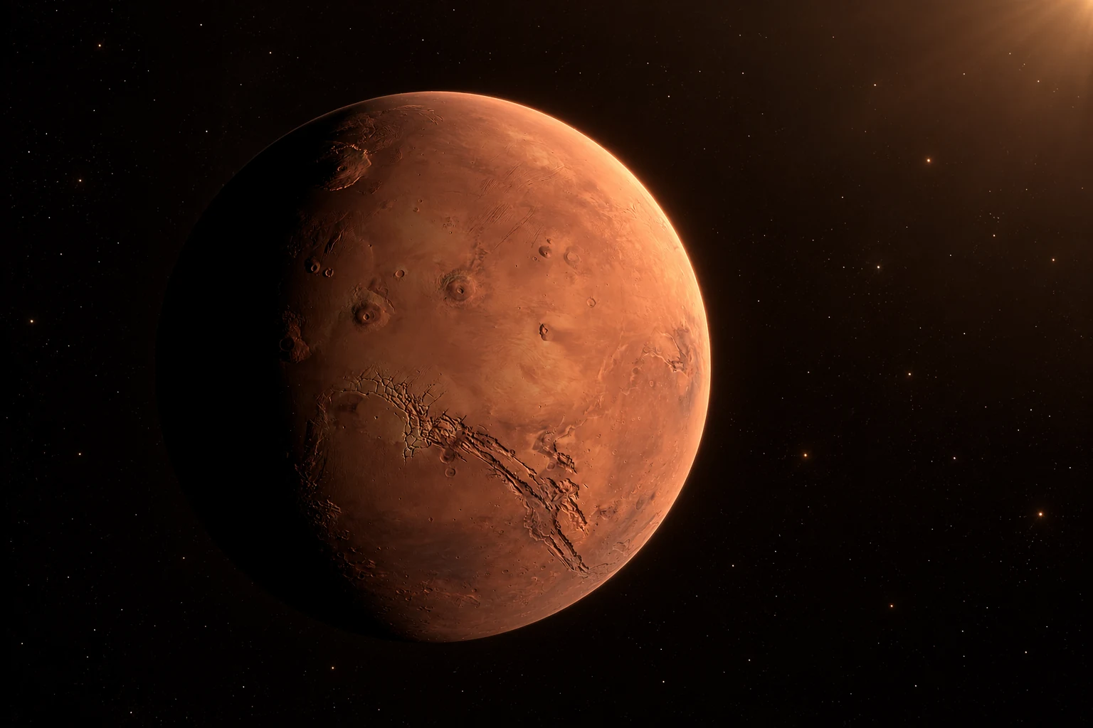 AI-generated Mars animation scene still concept with red terrain and warm directional light.