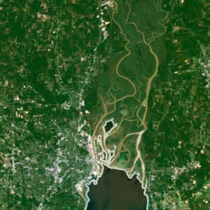 Alabama satellite map highlighting major rivers, mountain ranges, and geographical features.
