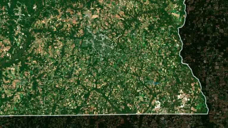 Detailed satellite view of Alabama used for educational purposes, showcasing terrain and land use.