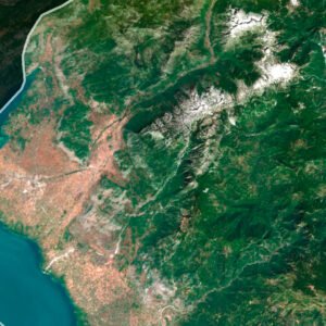 Satellite view of Albania highlighting mountainous regions and coastal areas.
