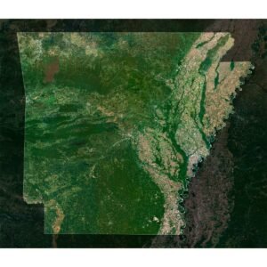 High-resolution satellite imagery of Arkansas showcasing detailed topography and natural features.