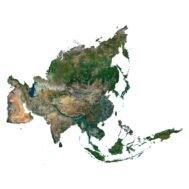 High-resolution satellite image of Asia showcasing cities, mountains, and water bodies.