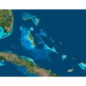 High-resolution Bahamas satellite map displaying detailed topography and natural features.