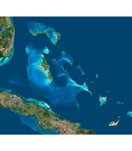 High-resolution Bahamas satellite map displaying detailed topography and natural features.
