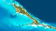 Satellite view of the Bahamas highlighting pristine beaches and vibrant coral reefs.