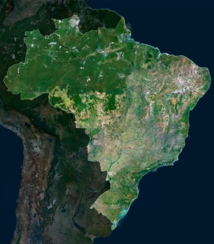 High-resolution Brazil satellite map displaying detailed topography.