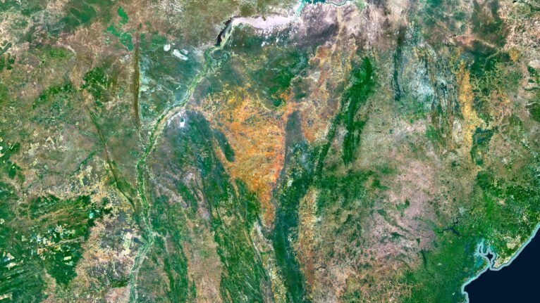 Detailed satellite image of Brazil used for educational purposes.