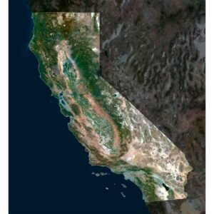 High-resolution California satellite imagery displaying detailed topography and natural features.