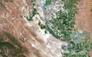 Detailed satellite view of California used for educational purposes, showcasing terrain and land use.