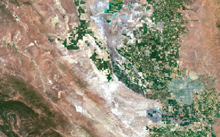 Detailed satellite view of California used for educational purposes, showcasing terrain and land use.