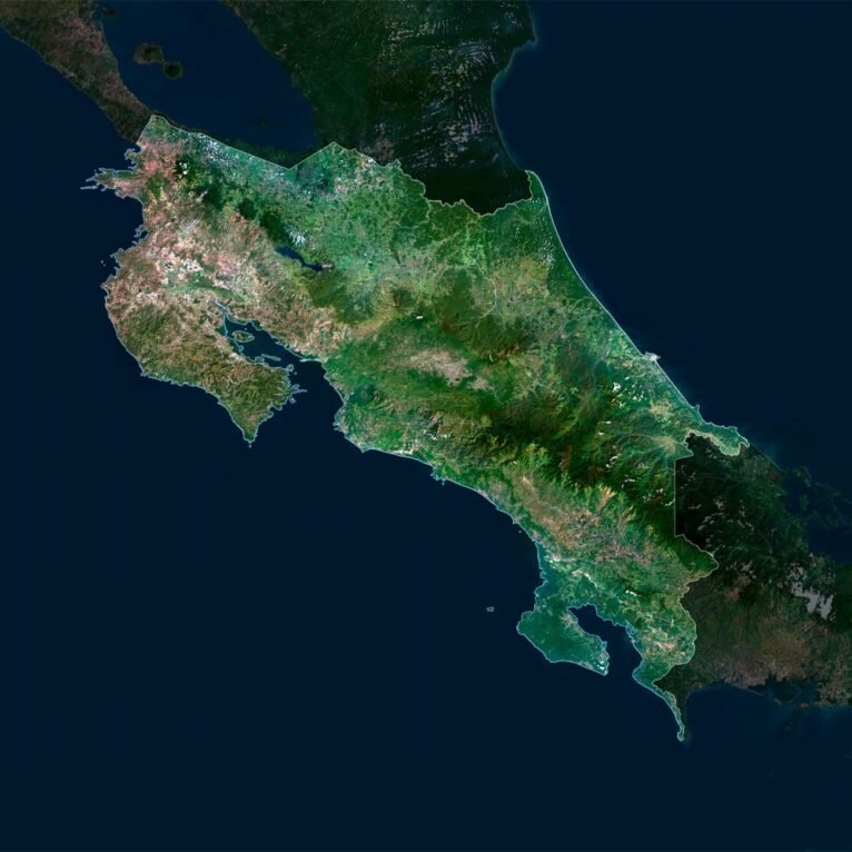 High-resolution Costa Rica satellite map displaying detailed topography.