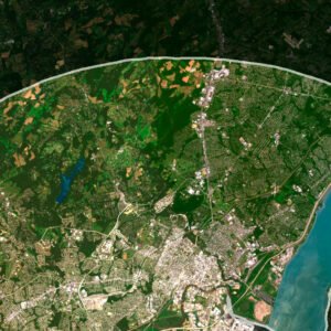 Satellite view of Delaware highlighting coastal areas and urban regions.