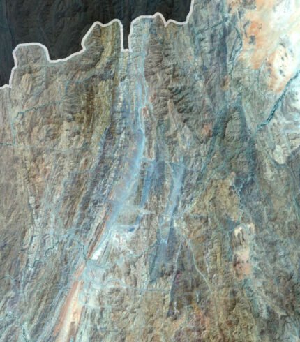 Satellite view of Eritrea highlighting coastal plains and mountainous regions.