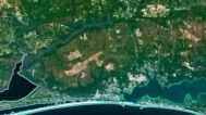 Florida satellite map highlighting major landmarks, beaches, and geographical features.