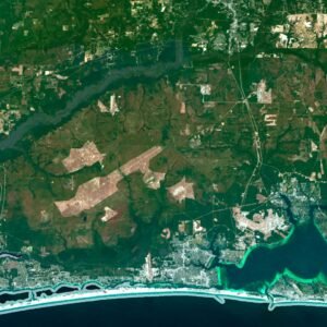 Florida satellite map highlighting major landmarks, beaches, and geographical features.