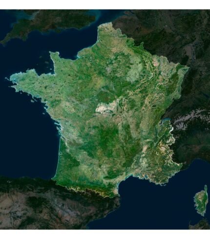High-resolution France satellite map displaying detailed topography.