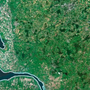 Satellite view of Germany highlighting the Alps and coastal regions.