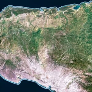 Satellite view of Haiti highlighting coastal areas and inland mountains.