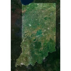 Indiana satellite map highlighting major landmarks and geographical features.