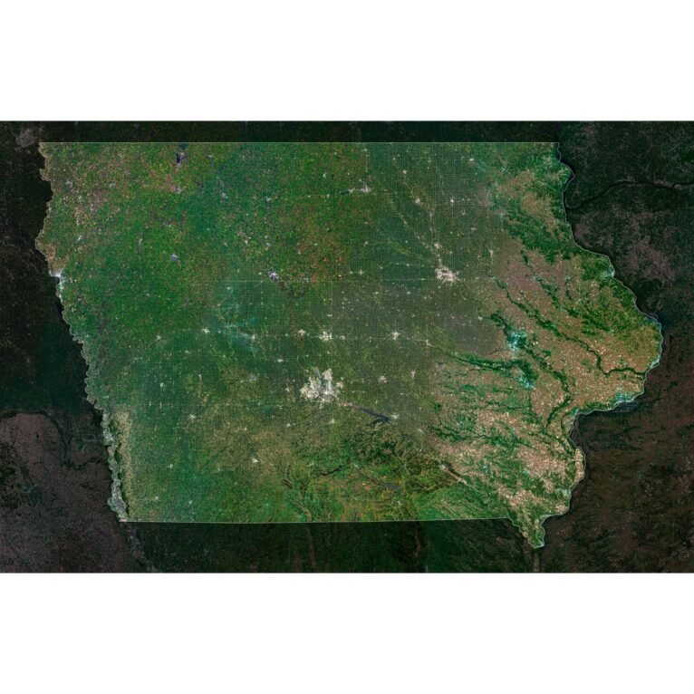 High-resolution satellite view of Iowa displaying detailed topography and natural features.