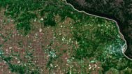 Detailed satellite image of Iowa used for educational purposes, showing terrain and land use.