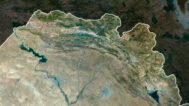 Satellite view of Iraq highlighting the Tigris and Euphrates rivers and the Zagros Mountains.