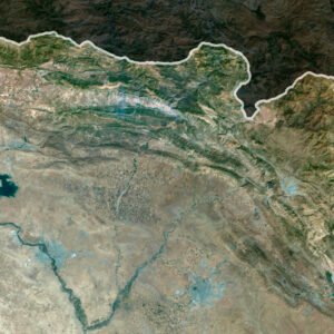 Satellite view of Iraq highlighting the Tigris and Euphrates rivers and the Zagros Mountains.