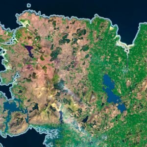 Satellite view of Ireland highlighting rolling hills and rugged coastlines.