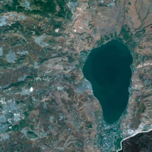 Satellite view of Israel highlighting the Mediterranean coastline and the Negev desert.