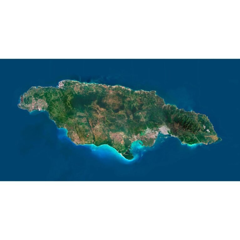 High-resolution Jamaica satellite map displaying detailed topography.