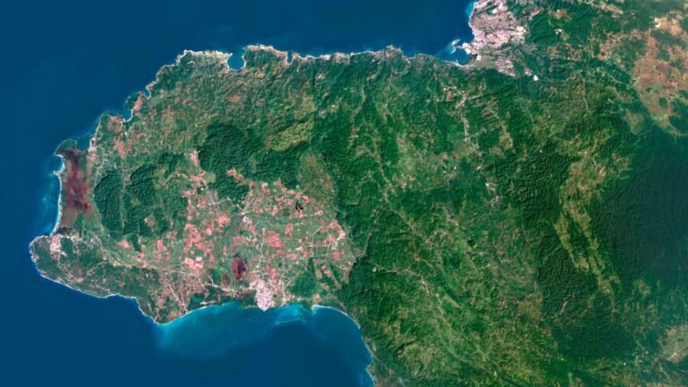 Satellite view of Jamaica highlighting its lush forests and pristine coastlines.