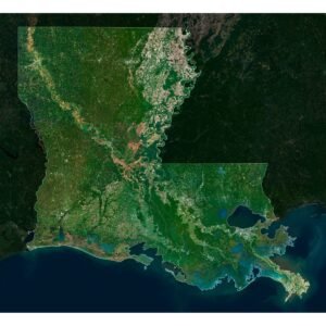 Louisiana satellite map highlighting major rivers and geographical features.