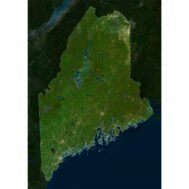 Maine satellite map highlighting major landmarks and geographical features.