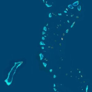 Satellite view of the Maldives highlighting turquoise lagoons and sandy beaches.