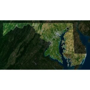 High-resolution Maryland satellite map displaying detailed topography and landmarks.