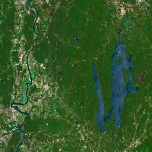 Satellite view of Massachusetts highlighting coastal areas and inland forests.