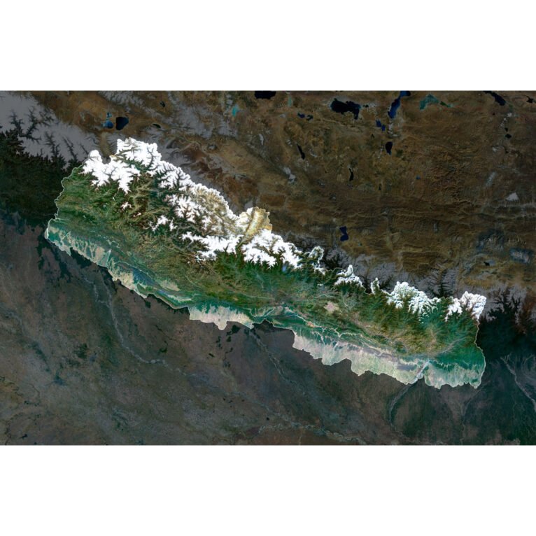 High-resolution Nepal satellite map displaying detailed topography.