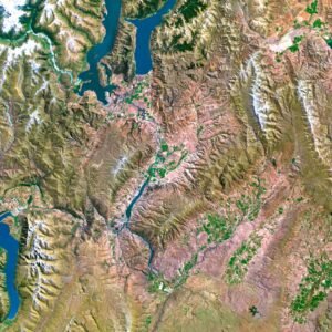 High-resolution satellite image of New Zealand’s Southern Alps, showcasing detailed elevation and topographic features.