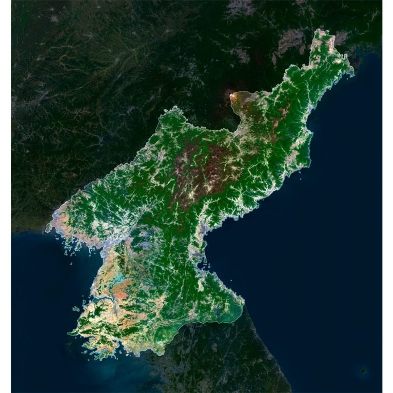 High-resolution North Korea satellite map displaying detailed topography.