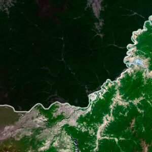 Satellite view of North Korea highlighting mountain ranges and coastal areas.