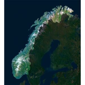 High-resolution Norway satellite map displaying detailed topography.