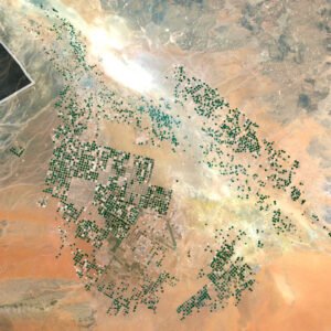 Saudi Arabia satellite view highlighting vast deserts and coastal regions.