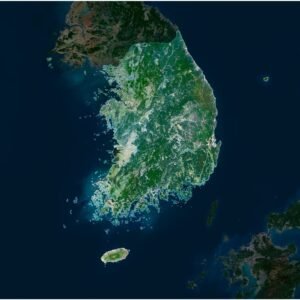 High-resolution South Korea satellite map displaying detailed topography.