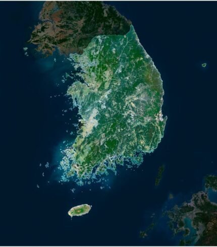 High-resolution South Korea satellite map displaying detailed topography.