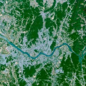 Satellite view of South Korea highlighting urban centers and natural landscapes