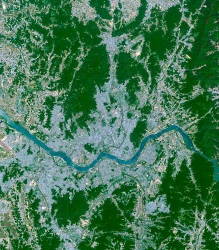 Satellite view of South Korea highlighting urban centers and natural landscapes