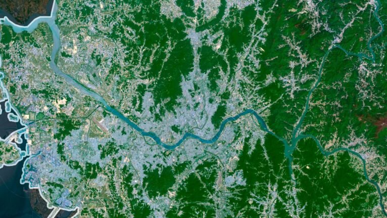 Satellite view of South Korea highlighting urban centers and natural landscapes