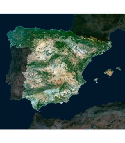 High-resolution Spain satellite map displaying detailed topography.